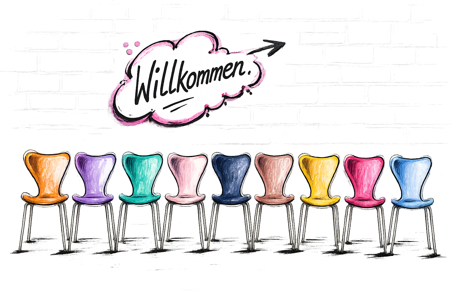 Bunte Stühle vor heller Backsteinwand mit Willkommen-Sprechblase